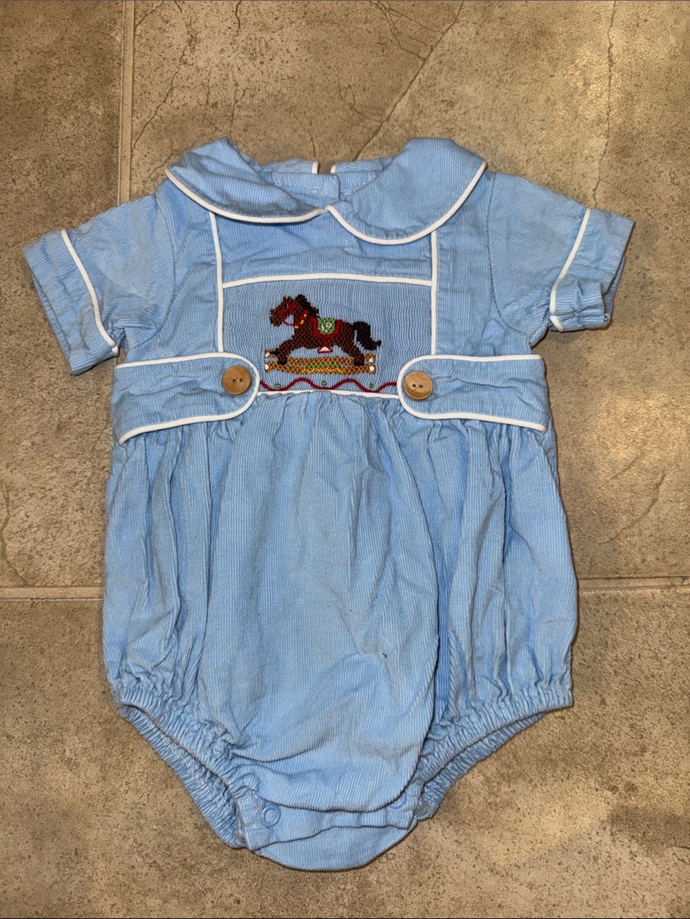 Little English Smocked Romper with embroidered Rocking Horse